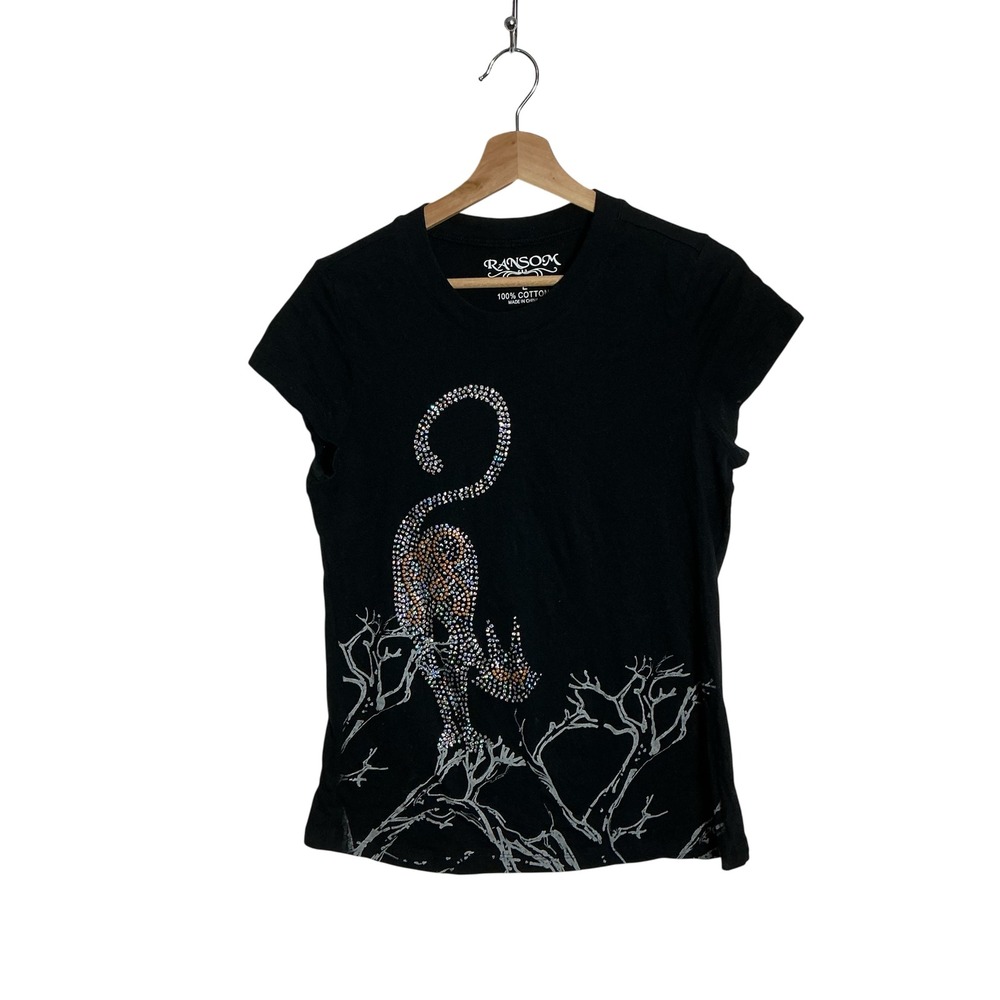 Ransom Large Black Y2K Goth Sequin Cat Fitted T-Shirt Whimsigoh
